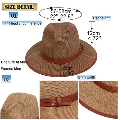 Straw Fedora Sun Hat For Women Wide Brim Breathable Summer Beach Travel Vacation With Leather Belt Trim Rivet Decor