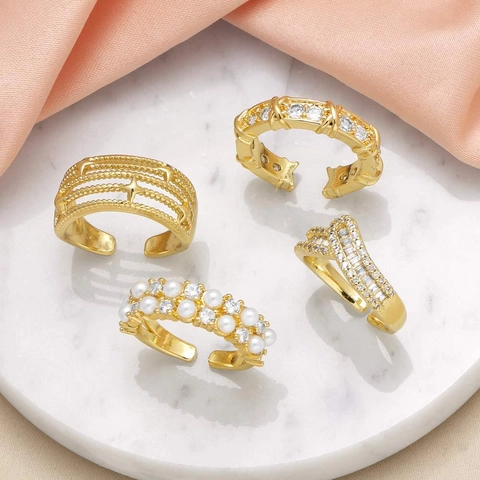 Fashion Copper 18K Gold Plated Double Layer Open Ring For Women Irregular Rhinestone Artificial Pearl Adjustable Jewelry