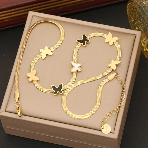 Collana Con Ciondolo A Farfalla Acciaio Inossidabile Bracciale Orecchini Placcato Oro Catena Osso Serpente Gioielli Moda Donna