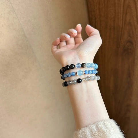 Natural Moonstone Obsidian Beaded Bracelet Minimalist Elegant Elastic Gemstone Jewelry Women