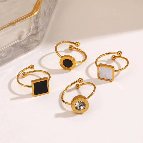 Geometric Open Rings Stainless Steel Gold Plated Roman Numerals Adjustable Shell Zircon Minimalist Jewelry For Women