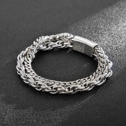 Men Double Layer Chain Bracelet 316L Stainless Steel Wheat And Box Chain Magnetic Buckle Hip Hop Streetwear Jewelry