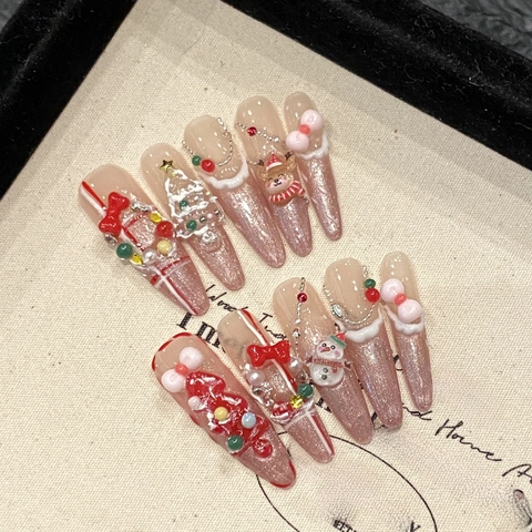Uñas Postizas 3D Navidad Hechas Mano Estilo Stiletto Purpurina Rosa Con Muñeco Nieve Árbol Reno Perlas Artificiales Y Diamantes Fiest