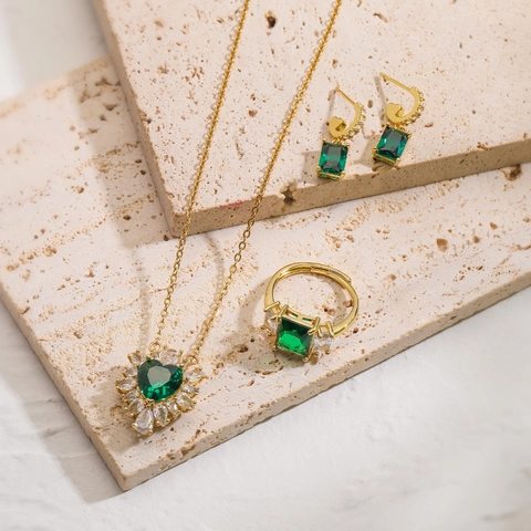 Luxury Copper Emerald Green Zirconia Jewelry Set Heart Square Geometric Gold Plated Necklace Earrings Ring For Women Fashion Jewelry