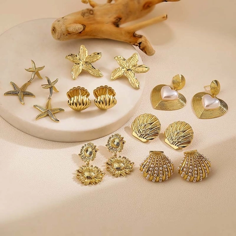 Vintage Koperen Oorbellen Schelp Zeester Hart Zonnebloem Voor Vrouwen Oceaan Stijl Goud Zilver Ton Kunstparel Zirkonia