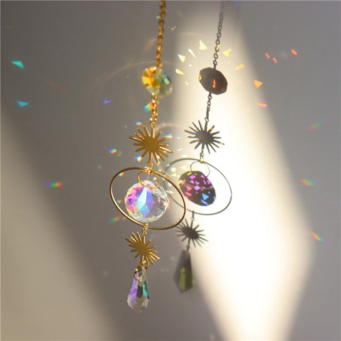 Crystal Suncatcher Metal Moon Star Hanging Prism Rainbow Maker Window Garden Decor Ornament
