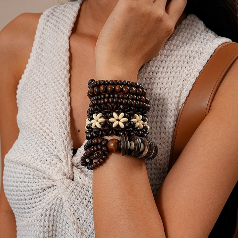 Multi-layer Wood Bead Bracelet Bohemian Ethnic Coconut Shell Handmade Retro Wrist Accessory