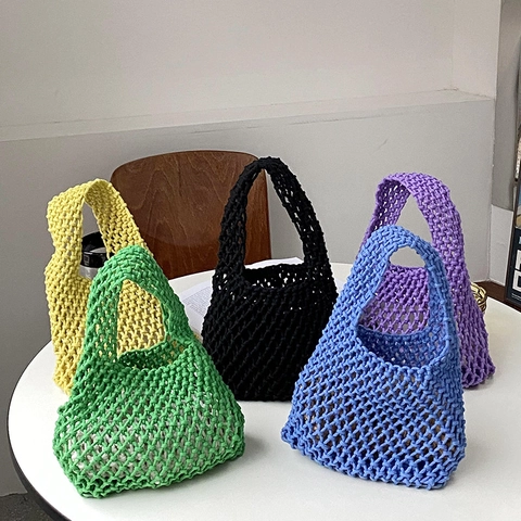 Women Woven Handbag Minimalist Cotton Rope Tote Bag Hollow Out Mesh Purse With Inner Pouch Casual Beach Travel Bag