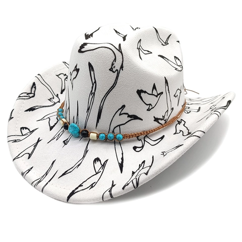 Western Cowboy Hat Wide Brim Polyester Bird Print Braided Band With Beads Retro Bohemian Style