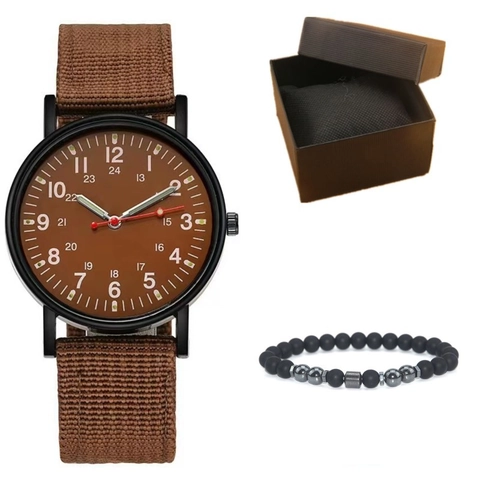 Men Accessories Watch Bracelet Gift Box Quartz Wristwatch Military Style Nylon Strap Arabic Numerals Military Time Casual