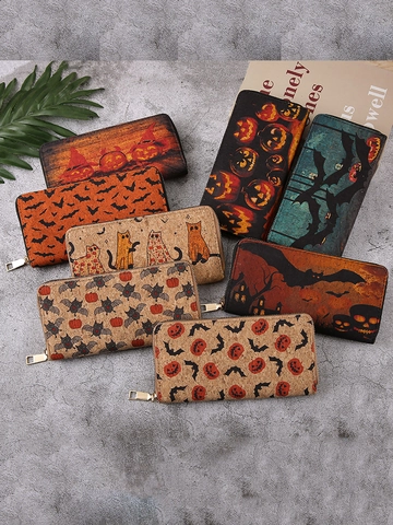 Halloween Lange Geldbörse Mit Reißverschluss PU Leder Korkstruktur Kartenhalter Organizer Kürbis Fledermaus Muster