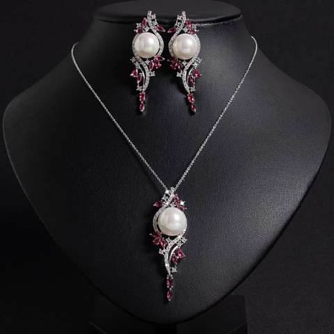 Set di Gioielli Geometrici con Goccia d'Acqua Perla Artificiale Collana Orecchini Rame Strass Moda Elegante Donna