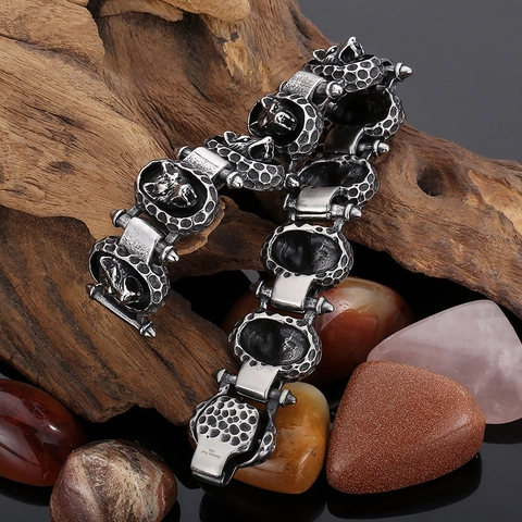 Wolf Head Link Bracelet For Men Stainless Steel Punk Biker Vintage Gothic Distressed Hammered Style