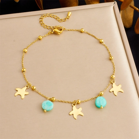 Gouden Vergulde Roestvrijstalen Enkelband Met Zeester En Turquoise Kralen Zomer Strand Sieraden Voor Vrouwen