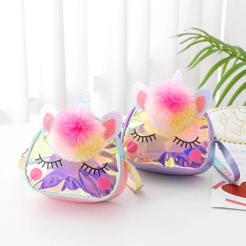 Borsa A Tracolla Forma Animale Cartone Animato Bambini Olografica Laser TPU Glitter Decorazione Pompon Per Ragazze