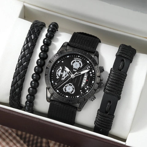 Men Quartz Watch And Bracelet Alloy Case Canvas Strap Luminous Date Display Business Casual Male Wristwatch