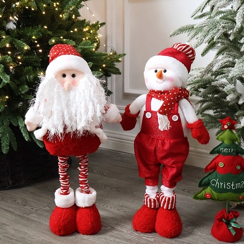 Noël Père Noël Bonhomme De Neige Poupée En Peluche Jambes Rétractables Figurine Debout Décor De Table Maison Rouge Blanc