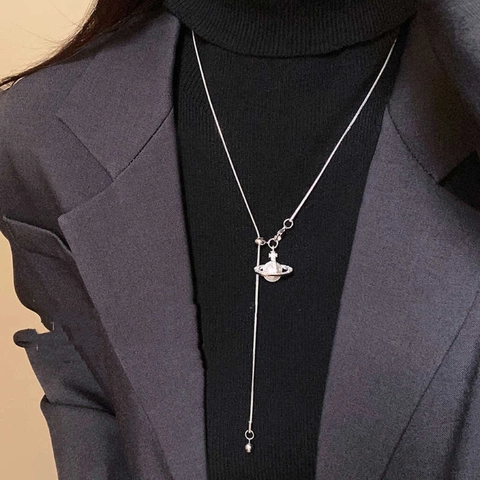 Saturn Planeten Anhänger Halskette Lange Y-Kette Legierung Zirkon Imitationsperle Pullover Kette Mode Schmuck Für Damen