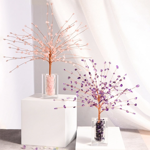 Handmade Natural Crystal Money Tree Gemstone Bonsai With Glass Base Copper Wire For Home Office Desktop Decor Reiki Healing Gift