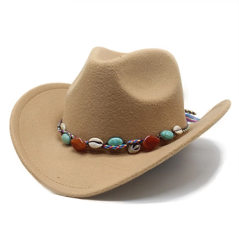 Sombrero Cowboy Western Fieltro Lana Ala Ancha Boho Étnico Concha Turquesa Decoración Fedora Sol Para Adultos