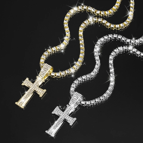 Hip Hop Cross Pendant Necklace Zinc Alloy Rhinestone Zircon Iced Out Luxury Bling Religious Jewelry Unisex
