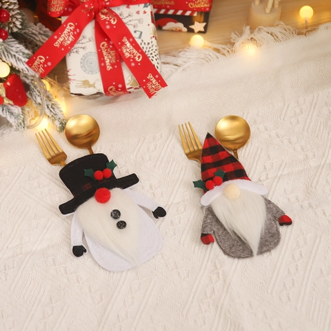 Portaposate Natalizio Gnomo Pupazzo di Neve Alce Borsa per Posate in Tessuto per Decorazione Tavola Natalizia Ornamento Cena Festa