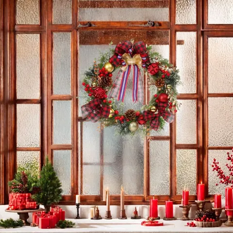 Ghirlanda Di Natale Aghi Di Pino Artificiali Bacche Rosse Pigne Ornamenti Fiocco A Quadri Decorazione Per Porta E Parete