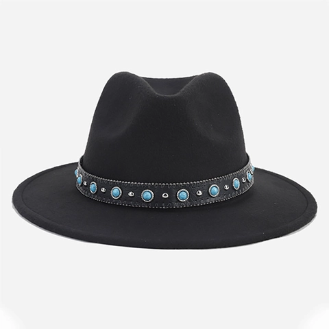 Western Cowboy Fedora Hat Woolen Felt With Ethnic Woven Band Turquoise Bull Head Retro Jazz Style For Men Women