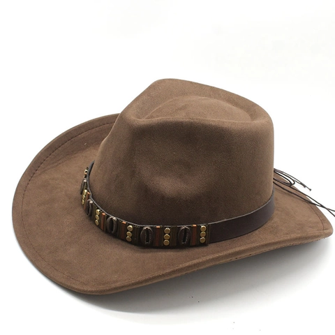 Chapeau De Cow-Boy Western Vintage Fedora En Suède À Bord Large Avec Décor De Coquillages Ethniques Pour Hommes Et Femmes