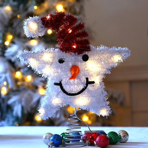 Christmas Tree Topper Star Snowman Face LED Glowing Iron Tinsel Plush Ornament For Holiday Home Party Decoration