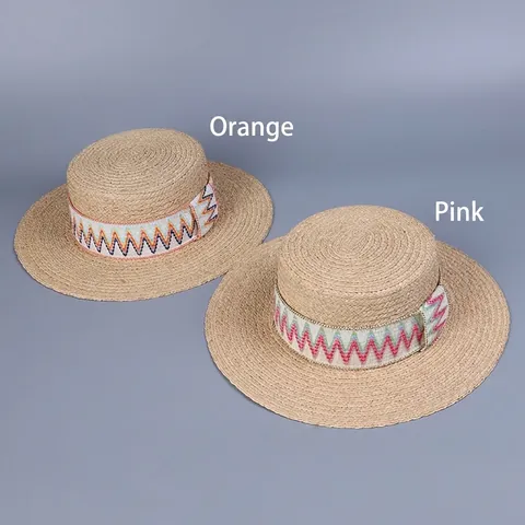 Damen Strohhut Raffia Flacher Deckel Breite Krempe Sommerurlaub Bohemien Zickzack Besticktes Band Sonnenschutz