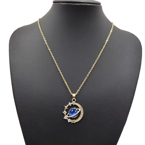 Collana Pendente Pianeta Lega Smalto Blu Strass Celeste Stella Luna Minimalista Sognante Gioielli Donne