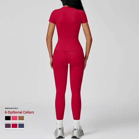 Dames Yoga Fitness Outfit Top Met Korte Mouwen En Legging Uitlopende Broek Hoog Elastisch Nylon Spandex Slim Fit
