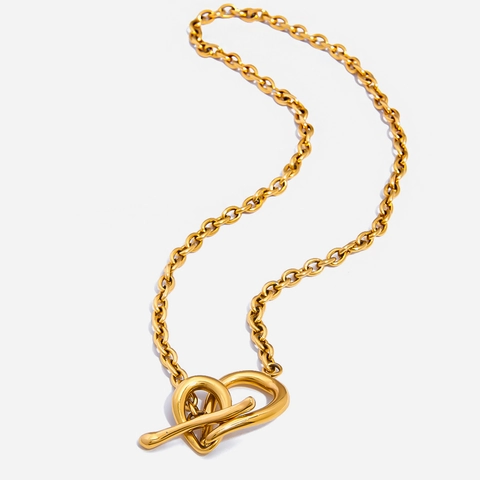 Collier Pendentif Nœud De Cœur Acier Inoxydable Plaqué Or 18K Fermoir À Bascule Minimaliste Bijoux Vintage Pour Femmes