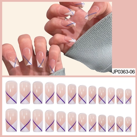 Press On Nails Long Square French Style Diagonal White Nude Glossy Artificial Fake Fingernails With Glue And File