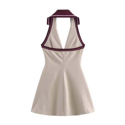 Halter Mini Jurk Mouwloos Diepe V-Hals Geribbelde Contrast Trim Rugloos Preppy Stijl Khaki Polyester Elegant