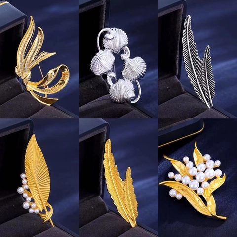 Broche Vintage de Aleación de Zinc Mate Espiga de Trigo Con Perla Artificial Diamantes de Imitación Pluma Hoja Alfiler para Traje Abrigo Hombre Mujer Joyería