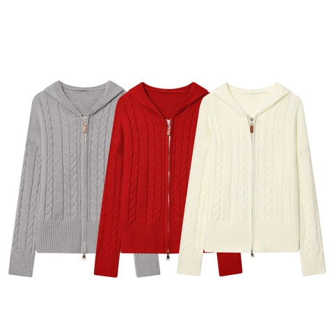 Cárdigan Con Capucha De Punto Trenzado Para Mujer Suéter Con Cremallera Manga Larga Color Sólido Elegante Tops