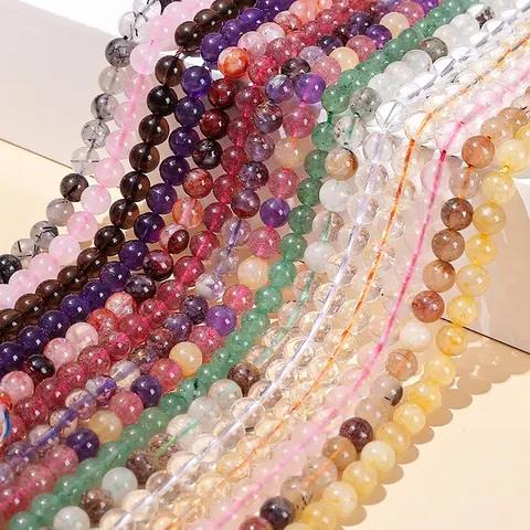 Natural Crystal Gemstone Beads Round Polished Amethyst Rose Quartz Strawberry Quartz For DIY Jewelry Making Bracelet