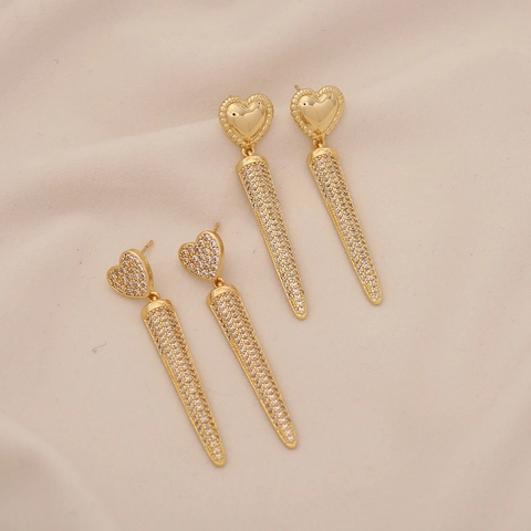 Pendientes Colgantes Corazón Geométrico Triángulo Y Cono Cobre Con Circonita Para Mujer Joyería Elegante Bañado En Oro
