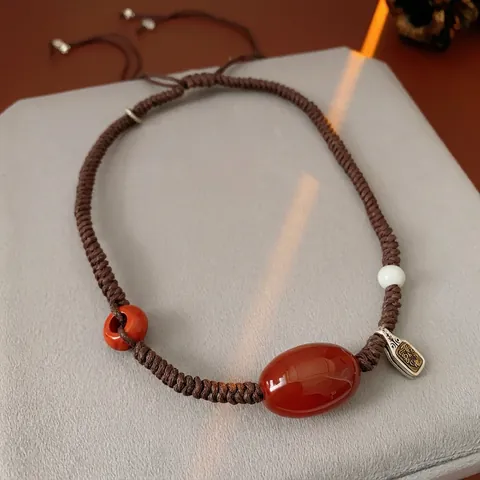 Agate Jadeite Pendant Necklace Hand Woven Wax Rope Adjustable Ethnic Retro Style Jewelry Gift For Women