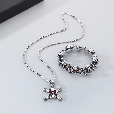 Stainless Steel Skull Crossbones Pendant Necklace And Red Rhinestone Eye Skull Bracelet Punk Hip Hop Jewelry Men