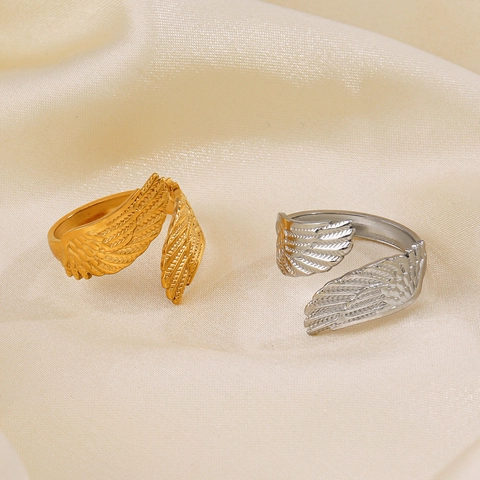Feather Wing Open Ring Stainless Steel Adjustable Gold Plated Hip Hop Fashion Statement Jewelry For Women Ladies