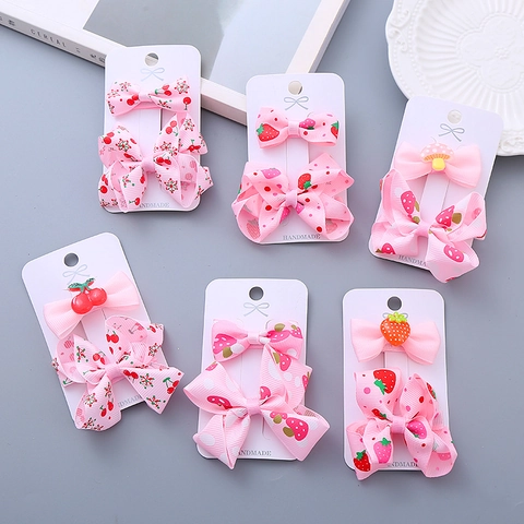 Kids Bow Hair Clips Pink Handmade Ribbon Fruit Strawberry Cherry Mushroom Hairpin Accessories For Girls