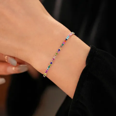 Regenbogen Tennis Armband Kupfer Bunte Rhinestone Elastisch Dünn Luxus Zierlich Minimalistisch Schmuck Für Frauen