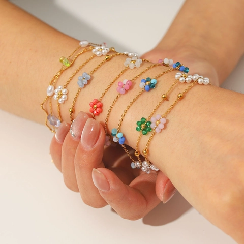 Stainless Steel Colorful Bead Flower Bracelet And Necklace Gold Plated Fresh INS Style Adjustable Jewelry For Women