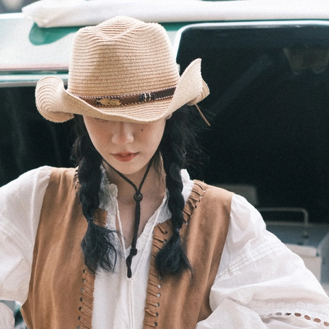 Western Cowboy Straw Hat Wide Brim Sun Protection For Women Men Summer Vacation Retro Bohemian With Adjustable Rope