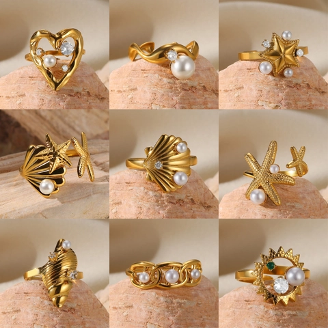 French Elegant Stainless Steel Open Ring For Women Gold Plated Artificial Pearl Rhinestone Heart Star Shell Adjustable Ring Jewelry