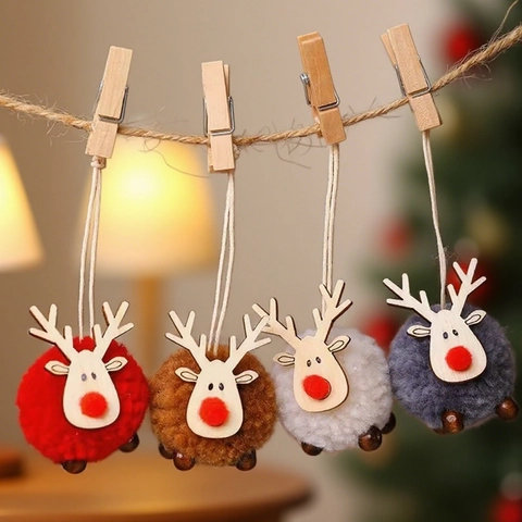 Adornos Colgantes de Reno de Navidad con Bola de Peluche Colgantes Decorativos de Lana de Cordero y Madera para Árbol de Navidad