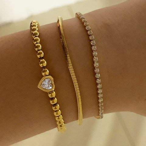 Stainless Steel Bracelets Bangle Heart Beaded Tennis Snake Chain With Zircon Stackable Waterproof Tarnish Free Jewelry For Women